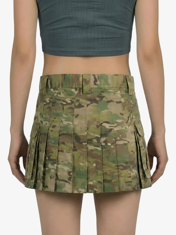 Camouflage skirt worn by a person on a white background