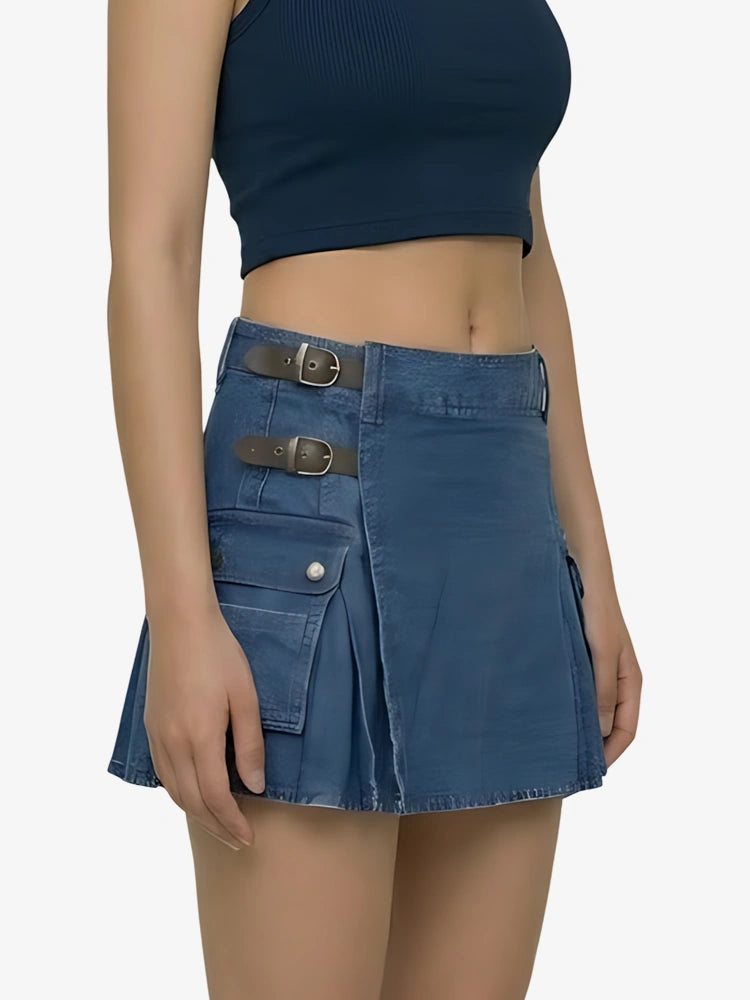 Women Stylish Blue Denim Utility Kilt